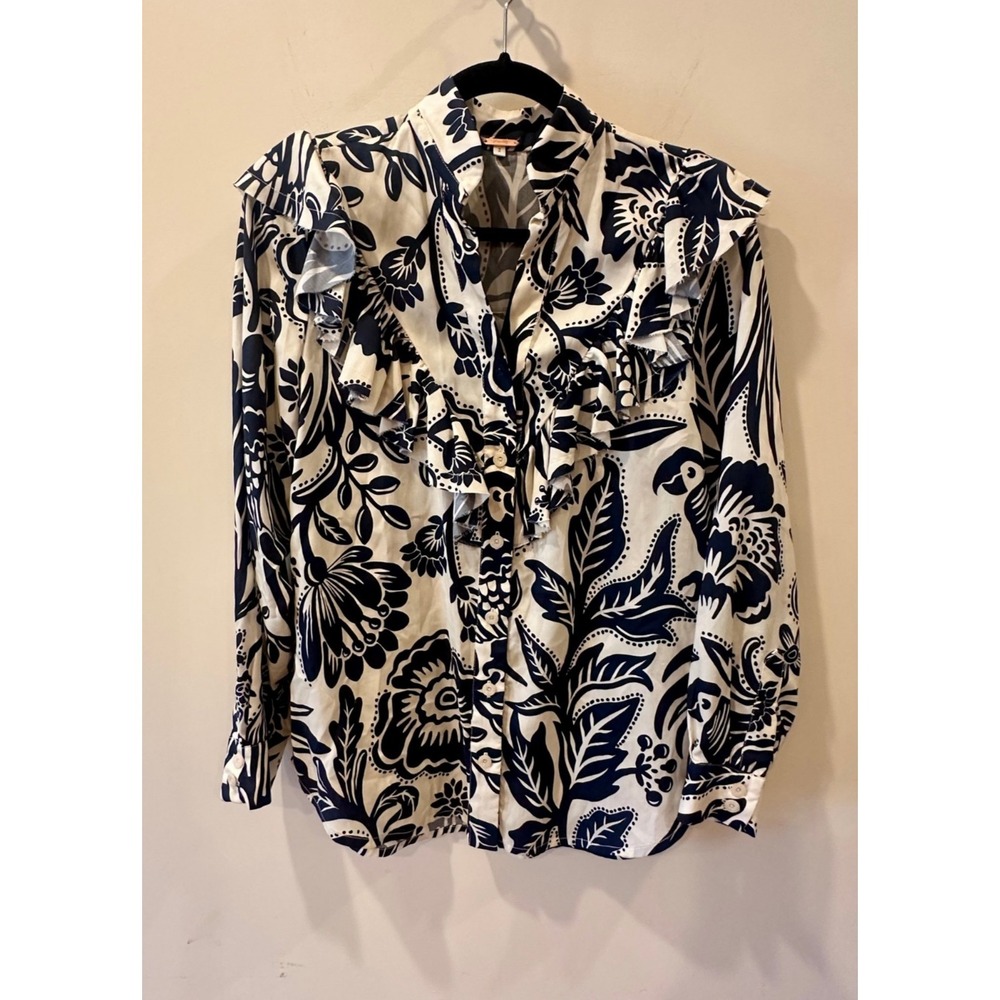 Johanna Ortiz Floral Blouse Long Sleeve Blue White Sz 2 Tencel‎ Designer $1200